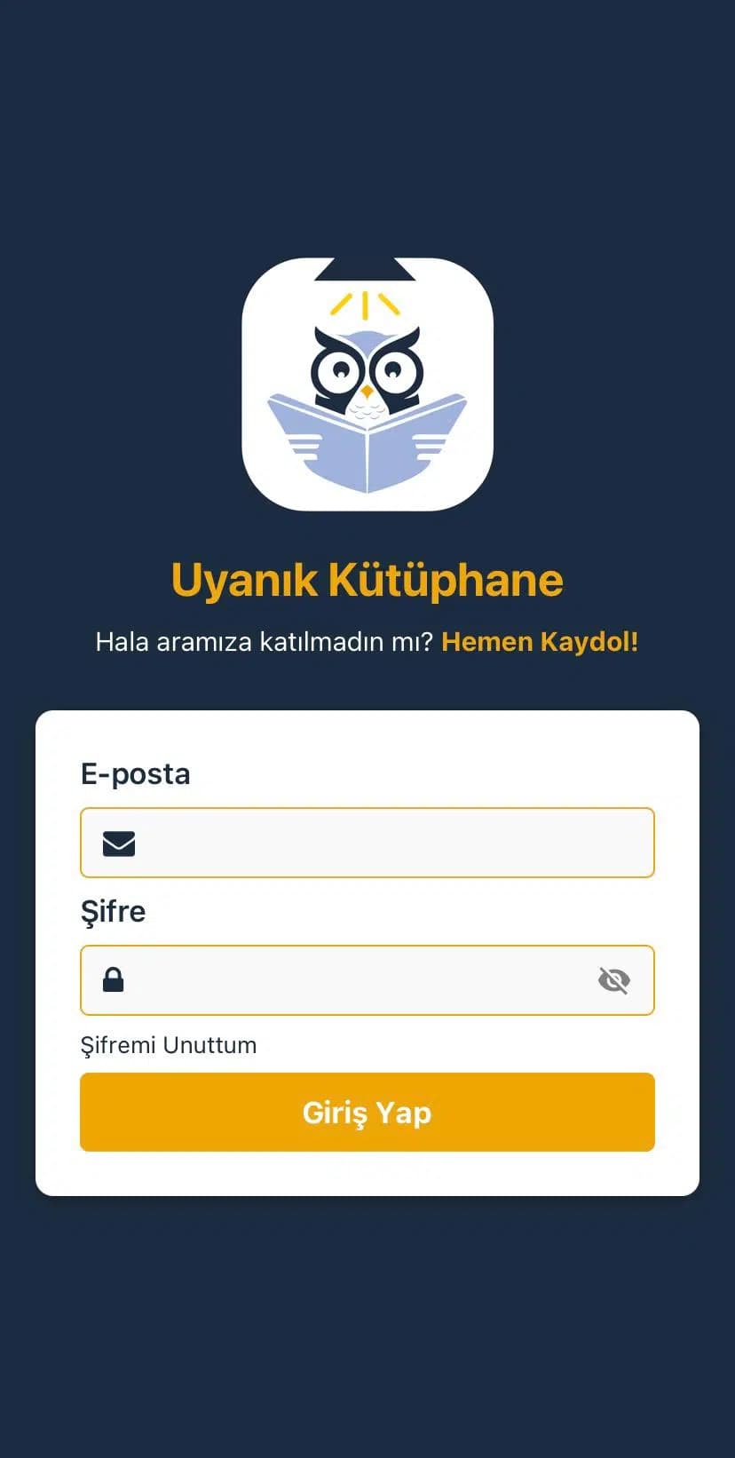 Uyanık Kütüphane mobil uygulama giriş ekranı